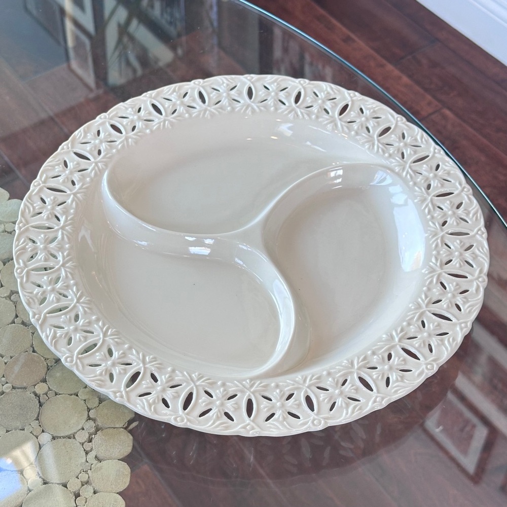 I. Godinger & Co. pierced Edge Regal Cream 13โ Round Divided Platter - GORG! ๐